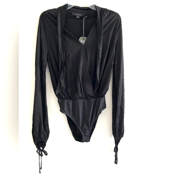 All Saints | Penelope Tie Neck Bodysuit Womens Black Sheer Loose Fit V-neck - Picture 5 of 10